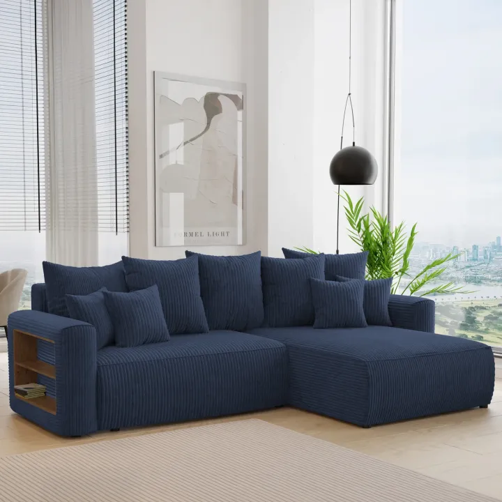 Divano letto angolare reversibile 260x160cm velluto a coste con libreria a sinistra blu Mistery