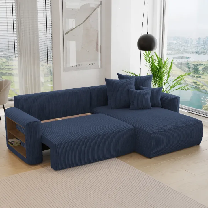 Divano letto angolare reversibile 260x160cm velluto a coste con libreria a sinistra blu Mistery