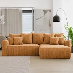Divano letto angolare reversibile 260x160cm velluto a coste con libreria a sinistra giallo senape Mistery
