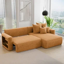 Divano letto angolare reversibile 260x160cm velluto a coste con libreria a sinistra giallo senape Mistery