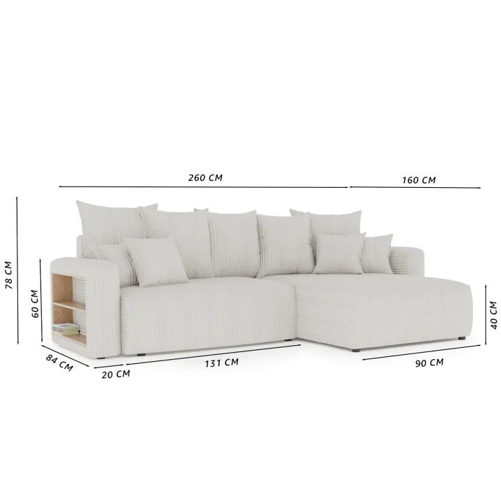 Divano letto angolare reversibile 260x160cm velluto a coste con libreria a sinistra giallo senape Mistery