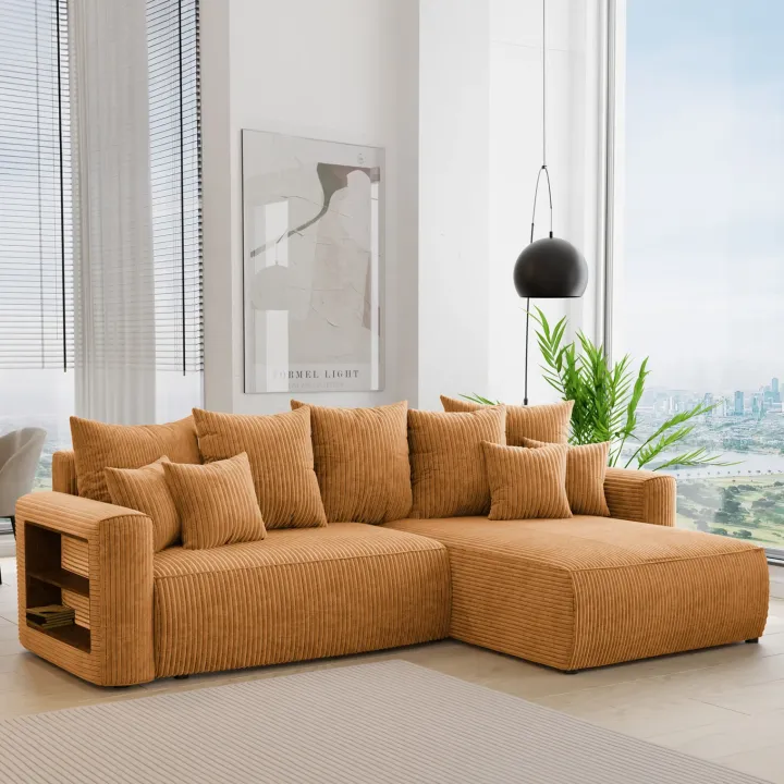 Divano letto angolare reversibile 260x160cm velluto a coste con libreria a sinistra giallo senape Mistery