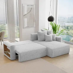 Divano letto angolare reversibile 260x160cm velluto a coste con libreria a sinistra grigio chiaro Mistery