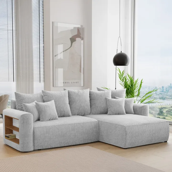 Divano letto angolare reversibile 260x160cm velluto a coste con libreria a sinistra grigio chiaro Mistery