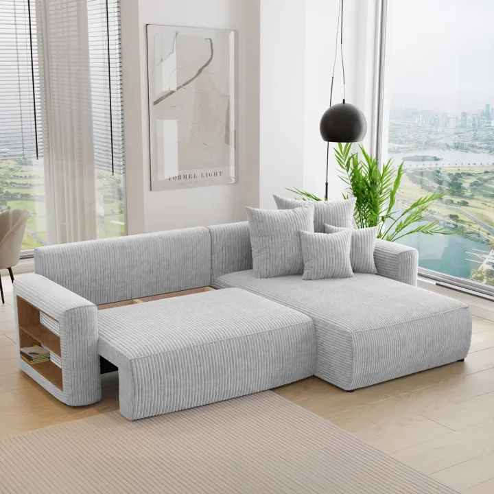 Divano letto angolare reversibile 260x160cm velluto a coste con libreria a sinistra grigio chiaro Mistery
