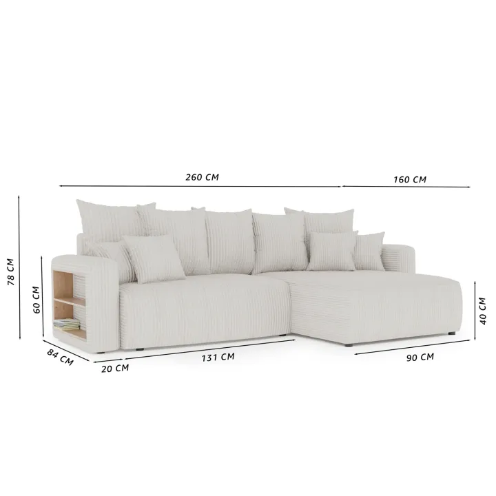 Divano letto angolare reversibile 260x160cm velluto a coste con libreria a sinistra grigio chiaro Mistery