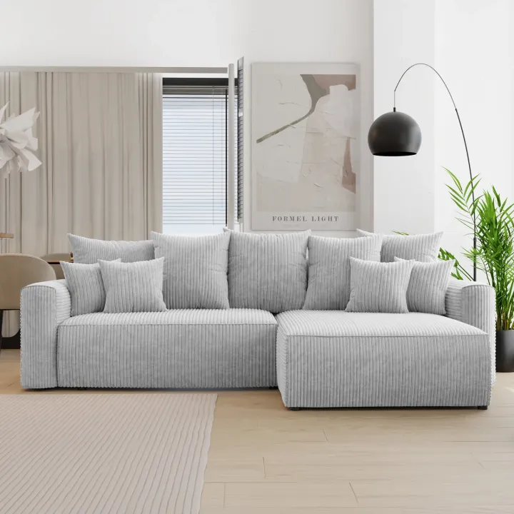Divano letto angolare reversibile 260x160cm velluto a coste con libreria a sinistra grigio chiaro Mistery
