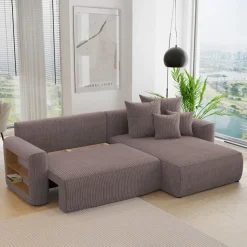 Divano letto angolare reversibile 260x160cm velluto a coste con libreria a sinistra marrone Mistery