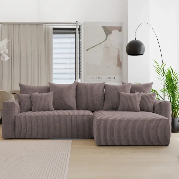 Divano letto angolare reversibile 260x160cm velluto a coste con libreria a sinistra marrone Mistery
