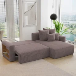Divano letto angolare reversibile 260x160cm velluto a coste con libreria a sinistra marrone Mistery