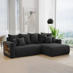 Divano letto angolare reversibile 260x160cm velluto a coste con libreria a sinistra nero Mistery