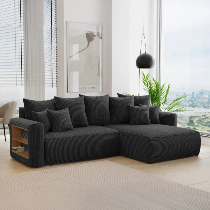 Divano letto angolare reversibile 260x160cm velluto a coste con libreria a sinistra nero Mistery
