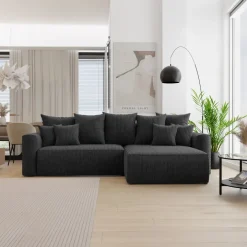 Divano letto angolare reversibile 260x160cm velluto a coste con libreria a sinistra nero Mistery