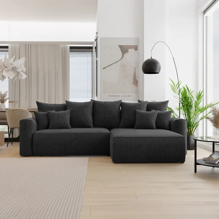 Divano letto angolare reversibile 260x160cm velluto a coste con libreria a sinistra nero Mistery