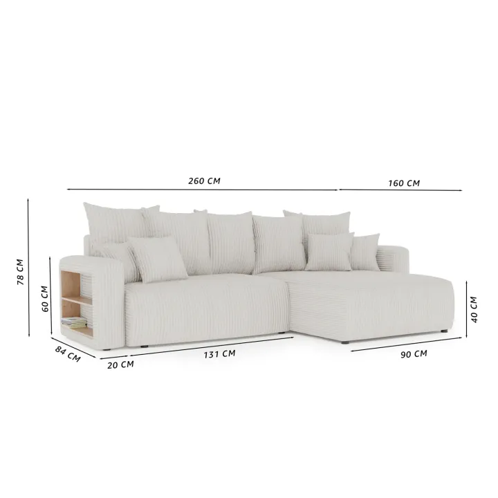 Divano letto angolare reversibile 260x160cm velluto a coste con libreria a sinistra nero Mistery