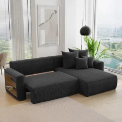Divano letto angolare reversibile 260x160cm velluto a coste con libreria a sinistra nero Mistery