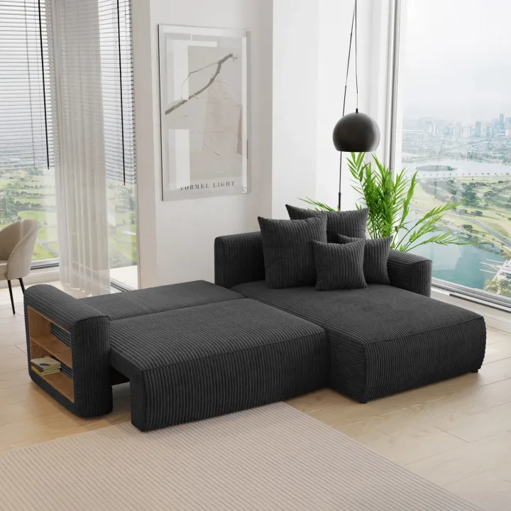 Divano letto angolare reversibile 260x160cm velluto a coste con libreria a sinistra nero Mistery