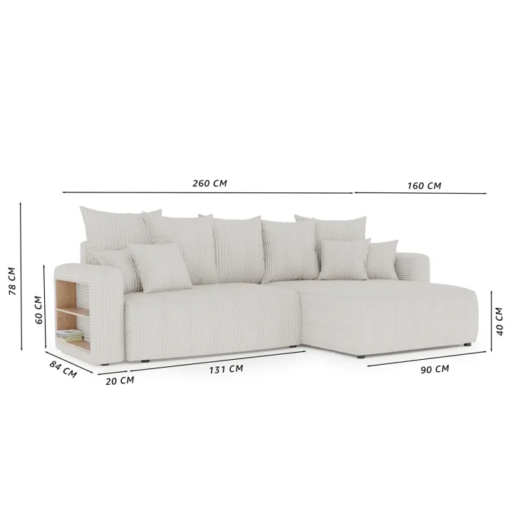 Divano letto angolare reversibile 260x160cm velluto a coste con libreria a sinistra rosa antico Mistery