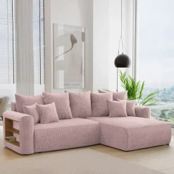 Divano letto angolare reversibile 260x160cm velluto a coste con libreria a sinistra rosa antico Mistery