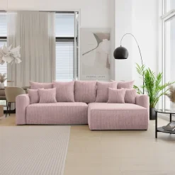 Divano letto angolare reversibile 260x160cm velluto a coste con libreria a sinistra rosa antico Mistery