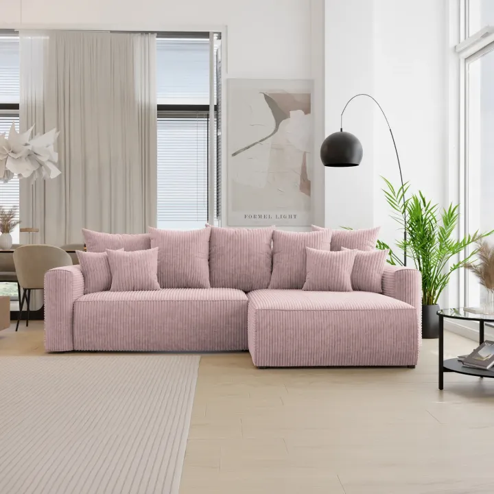 Divano letto angolare reversibile 260x160cm velluto a coste con libreria a sinistra rosa antico Mistery