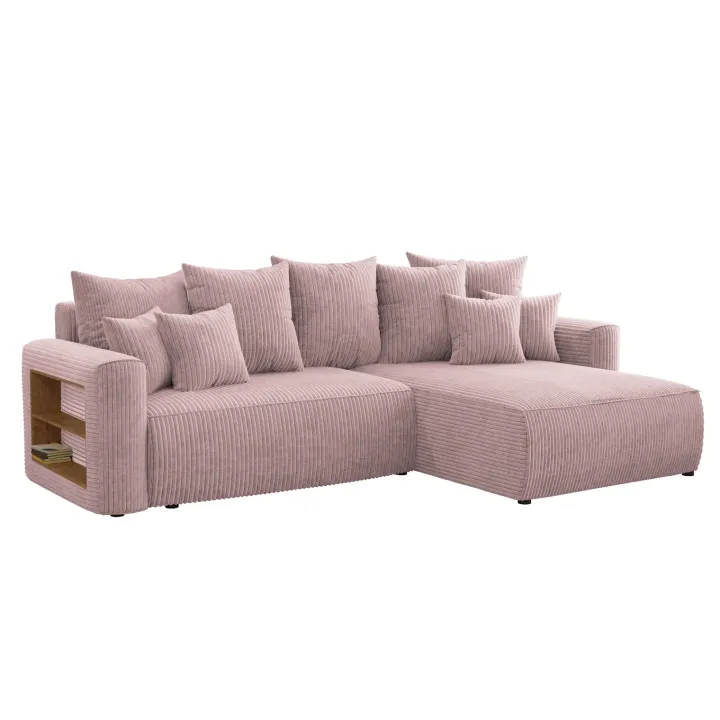 Divano letto angolare reversibile 260x160cm velluto a coste con libreria a sinistra rosa antico Mistery