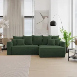 Divano letto angolare reversibile 260x160cm velluto a coste con libreria a sinistra verde scuro Mistery
