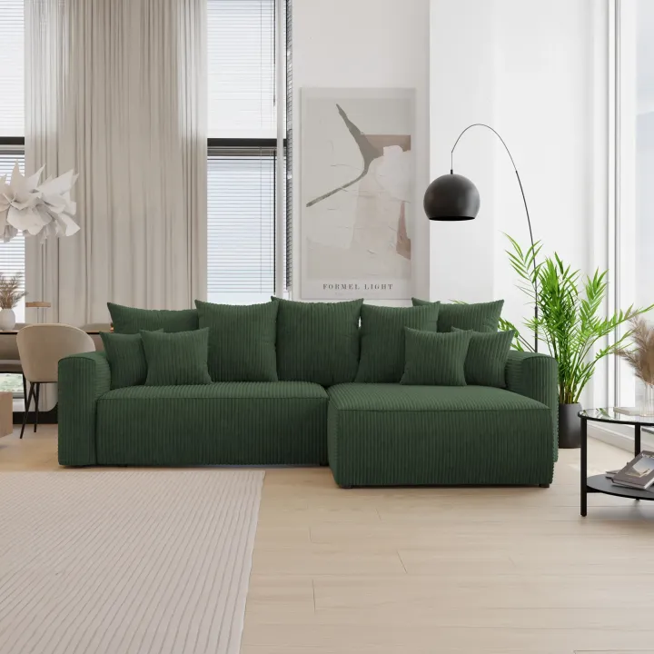 Divano letto angolare reversibile 260x160cm velluto a coste con libreria a sinistra verde scuro Mistery