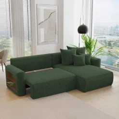 Divano letto angolare reversibile 260x160cm velluto a coste con libreria a sinistra verde scuro Mistery