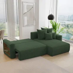 Divano letto angolare reversibile 260x160cm velluto a coste con libreria a sinistra verde scuro Mistery