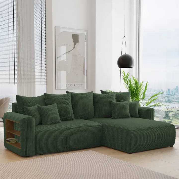 Divano letto angolare reversibile 260x160cm velluto a coste con libreria a sinistra verde scuro Mistery