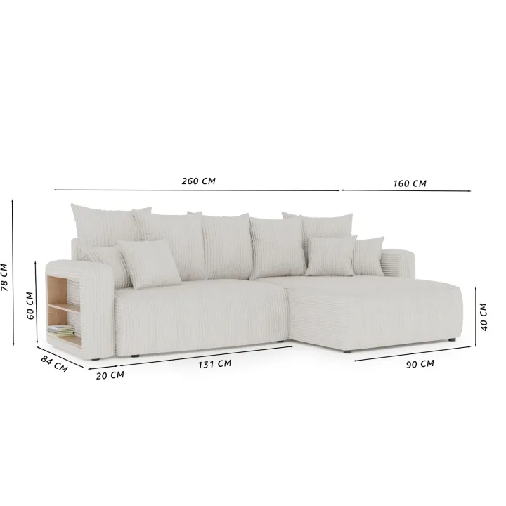 Divano letto angolare reversibile 260x160cm velluto a coste con libreria a sinistra verde scuro Mistery