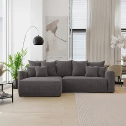 Divano letto angolare reversibile 260x160cm velluto a coste con libreria a destra antracite Mistery