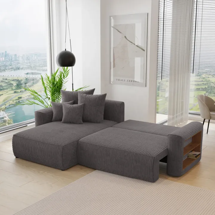 Divano letto angolare reversibile 260x160cm velluto a coste con libreria a destra antracite Mistery