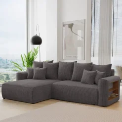 Divano letto angolare reversibile 260x160cm velluto a coste con libreria a destra antracite Mistery