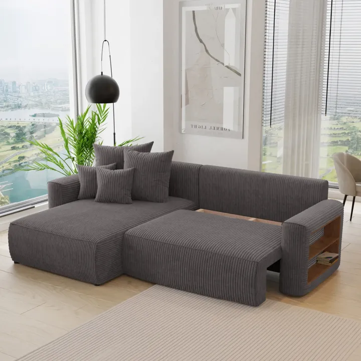 Divano letto angolare reversibile 260x160cm velluto a coste con libreria a destra antracite Mistery