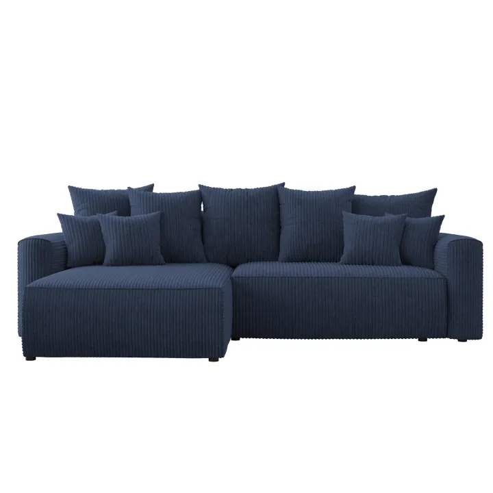 Divano letto angolare reversibile 260x160cm velluto a coste con libreria a destra blu Mistery