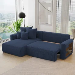 Divano letto angolare reversibile 260x160cm velluto a coste con libreria a destra blu Mistery