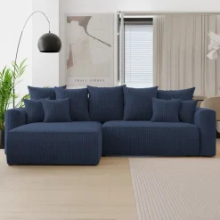 Divano letto angolare reversibile 260x160cm velluto a coste con libreria a destra blu Mistery