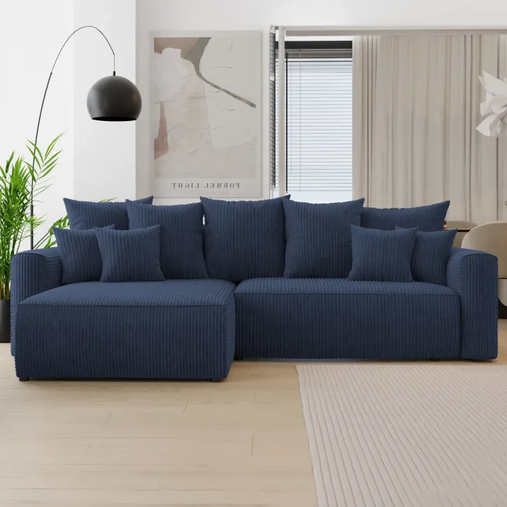Divano letto angolare reversibile 260x160cm velluto a coste con libreria a destra blu Mistery