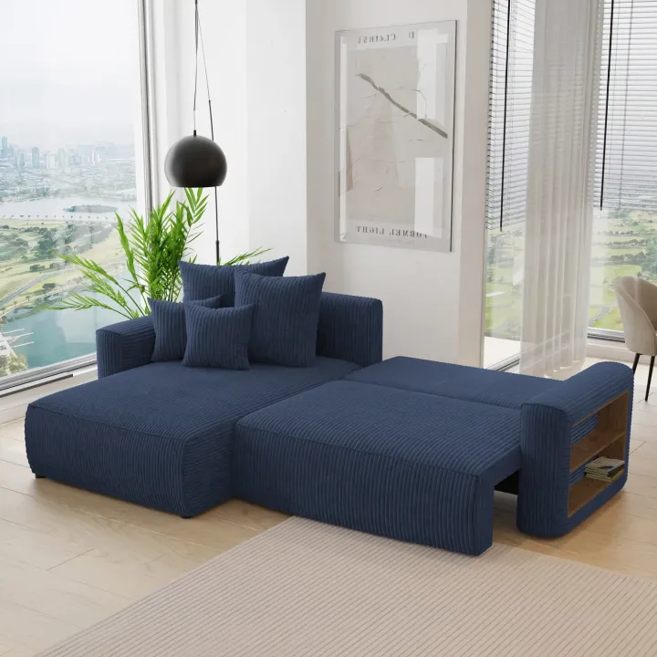 Divano letto angolare reversibile 260x160cm velluto a coste con libreria a destra blu Mistery