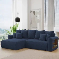 Divano letto angolare reversibile 260x160cm velluto a coste con libreria a destra blu Mistery