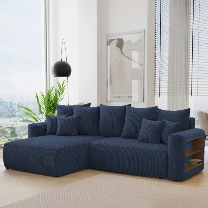 Divano letto angolare reversibile 260x160cm velluto a coste con libreria a destra blu Mistery