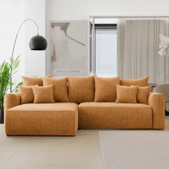 Divano letto angolare reversibile 260x160cm velluto a coste con libreria a destra giallo senape Mistery