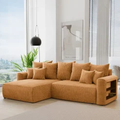Divano letto angolare reversibile 260x160cm velluto a coste con libreria a destra giallo senape Mistery