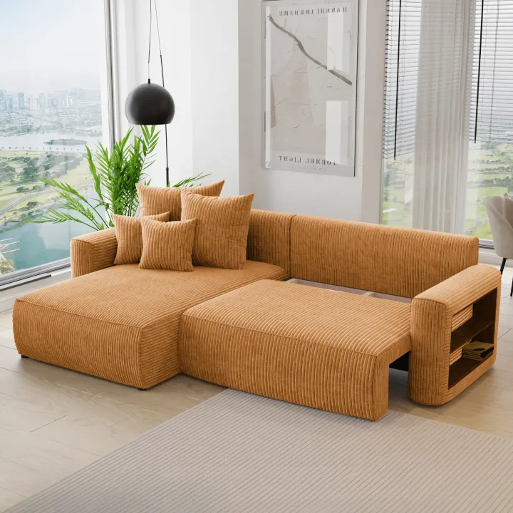 Divano letto angolare reversibile 260x160cm velluto a coste con libreria a destra giallo senape Mistery