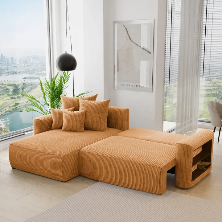 Divano letto angolare reversibile 260x160cm velluto a coste con libreria a destra giallo senape Mistery