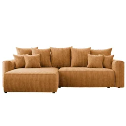 Divano letto angolare reversibile 260x160cm velluto a coste con libreria a destra giallo senape Mistery