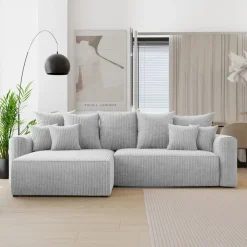 Divano letto angolare reversibile 260x160cm velluto a coste con libreria a destra grigio chiaro Mistery