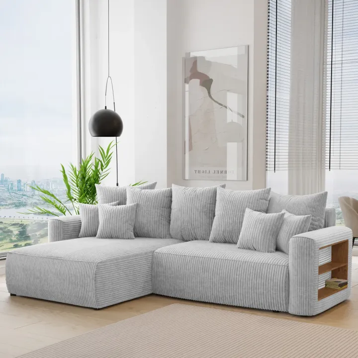 Divano letto angolare reversibile 260x160cm velluto a coste con libreria a destra grigio chiaro Mistery